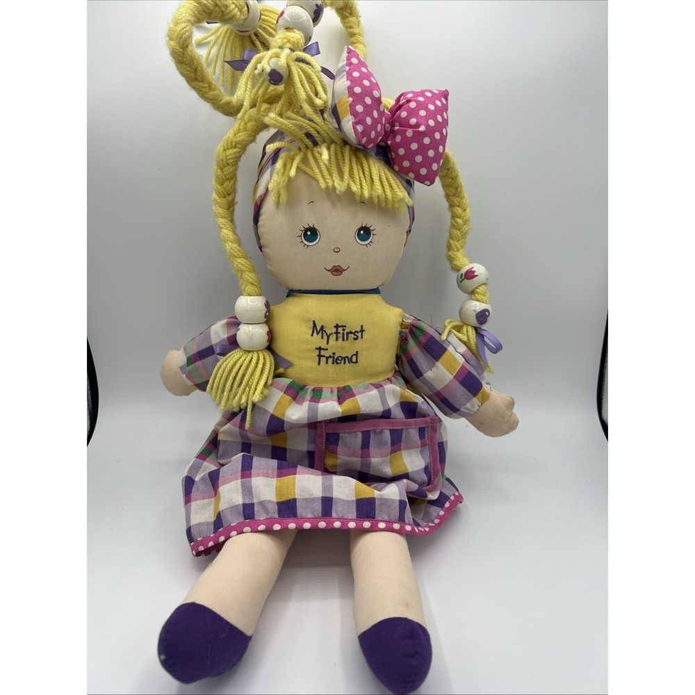 Vintage Eden My First Friend Cloth Rag Doll Plaid Dress Yellow Yarn Hair